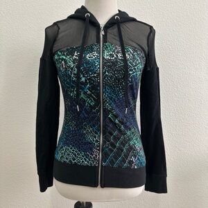 Bebe Black Mesh Hoodie with animal print. Like new Sz S
